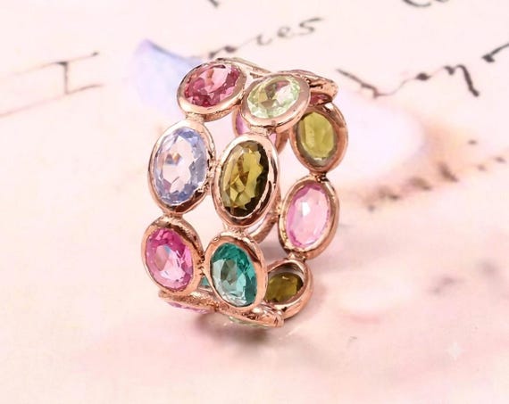 Multi Color Tourmaline Ring, 14k Rose Gold Plated Full Eternity Band, Oval Cut Rainbow Gemstone Ring Multi Gemstone Statement Ring For Women