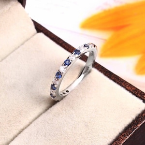 Blue Sapphire Diamond Wedding Band, 925 Sterling Silver Half Eternity Band, Dainty Bridal Band, Delicate Stackable Band, Anniversary Present