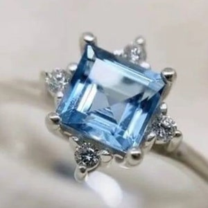 Natural Aquamarine Gemstone Ring 925 Sterling Silver Princess Cut Moissanite Ring March Birthstone Engagement Ring Gifts For Women .