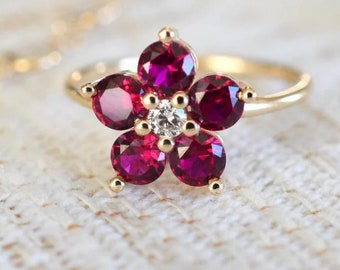 Sterling Silver Pink Tourmaline Daisy Cluster Ring  Unique Dainty Birthstone Jewelry Vintage Inspired Statement Gift.
