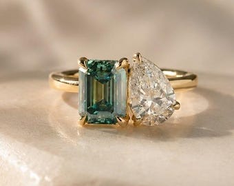 Tourmaline Diamond Ring Unique Two Birthstone Ring, mother daughter ring, unique family birthstone ring, toi et moi ring, Wedding Ring Gifts