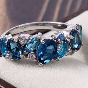 Natural London Blue & Swiss Topaz Ring Topaz Engagement Band Half Eternity Band Topaz Birthstone Ring 925Silver Band Gemstone Band Ring Gift