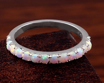 925 Sterling Silver White Opal Ring, Half Eternity Stacking Band, October Birthstone, Dainty Fire Opal Pave Wedding Anniversary Jewelry