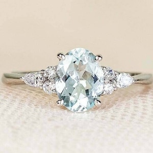 Unique Natural Aquamarine Ring Vintage Engagement Statement Ring Natural Gemstone Oval Cut March Birthstone Sterling Silver Anniversary Gift