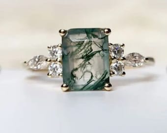 Emerald Cut Moss Agate Engagement Ring,Moissanite Three Stone Wedding Bridal Ring,Silver Anniversary Promise Rings For Her