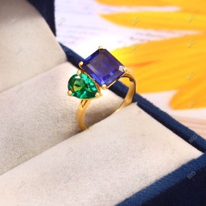 Unique Toi et Moi Emerald & Sapphire Engagement Ring 925Sterling Silver Two Stone Wedding Ring/ Birthday Gift for Women Christmas Ring Gift