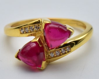 Trillion Cut Pink Ruby Gemstone Ring Two Stone Ring 925 Sterling Silver Moissanite Stone Ring July Birthstone Ring Graduate Gift For Her