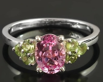 Unique Tourmaline Peridot Cluster Gemstone Ring Pink Tourmaline Ring Sterling Silver Dainty Women Ring Tourmaline Handmade ring