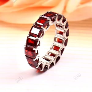 Garnet Full Eternity Band Emerald Cut Natural Garnet Eternity Ring Christmas Silver January Birthstone Ring Eternity Stacking Ring Mom Gift.