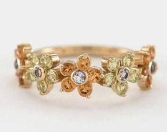 Vintage natuurlijke peridot citrien edelsteen clusterring bloemen multi stenen band citrien peridot bruids ring bruiloft geboortesteen vrouwen ringen.