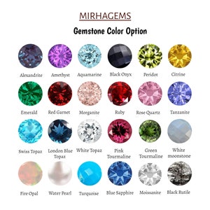 Puede incluir: Tabla de opciones de color de piedras preciosas con 18 piedras preciosas diferentes, incluyendo Alexandrita, Amatista, Aguamarina, &Oacute;nix negro, Peridoto, Citrino, Esmeralda, Granate rojo, Morganita, Rub&iacute;, Cuarzo rosa, Tanzanita, Topacio suizo, Topacio azul de Londres, Topacio blanco, Turmalina rosa, Turmalina verde, Piedra lunar blanca, &Oacute;palo de fuego, Perla de agua, Turquesa, Zafiro azul, Moissanita y Rutilo negro.