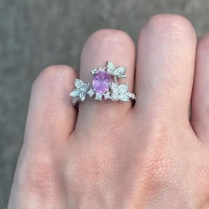 Vintage Pink Sapphire Engagement Ring 925 Silver Unique Oval Wedding Rings for Women Diamond Cluster Flower Ring Anniversary Gift for Her.