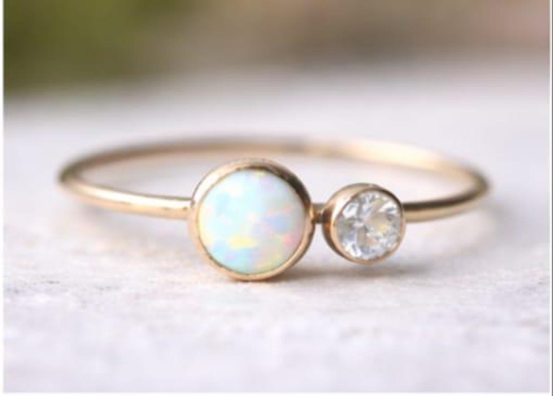 Matching Opsite Rings Opal Moissanite Engagement Ring Opal Diamond Cluster Two Gemstone ...