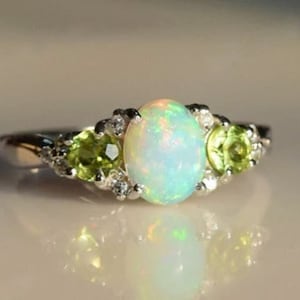 Unique Opal and Peridot Engagement Ring 925 Ring Opal Wedding Ring Art Deco Opal Bridal Ring Three Gemstone Wedding Ring Unique Promise Ring