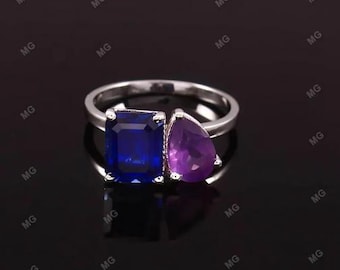Toi et Moi Emerald Cut Amethyst & Pear Cut Blue Sapphire Engagement Ring, Promise Ring.