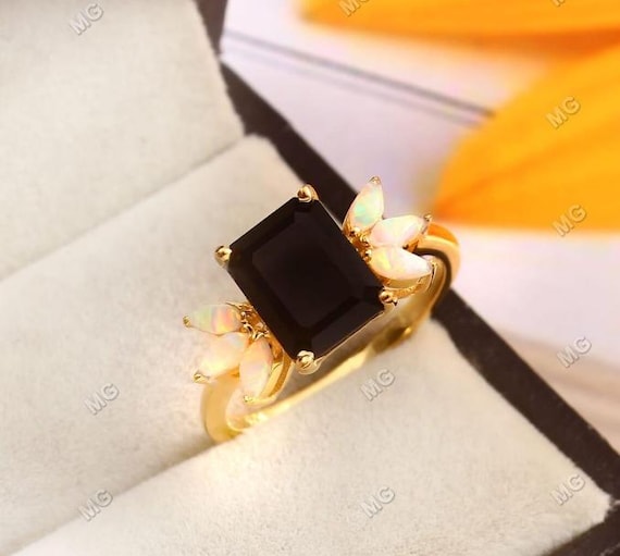 Emerald Cut Black Onyx Gemstone Engagement Ring 925 Sterling