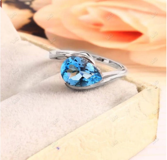 Swiss Blue Topaz Gemstone Wedding Ring Stone Pear Shape Ring 925