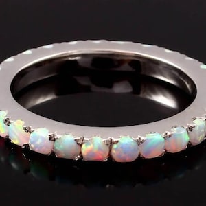 Opal Eternity Ring Dainty Opal Ring Sterling Silver Halo Opal Ring Opal Ring Minimalist Ring Opal Stacking Ring Gift for Her White Opal Ring