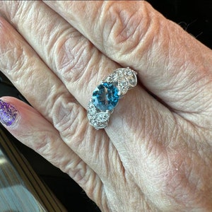 Unique Blue Topaz Ring Oval Cut Swiss Blue Topaz Handmade Jewelry Nature Inspired Jewelry London Topaz Leaf Ring Silver Branches Ring Gifts.