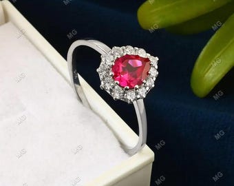 Ruby Teardrop Halo Ring, Pear Ruby & Diamond Halo Ring, Dainty Ruby Ring, Birthstone Ring, Wedding Vintage Style, 925 Silver ,Gift For Her
