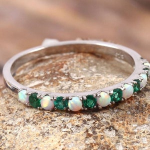 Emerald opal wedding band half eternity art deco emerald opal ring 925 Silver gemstone promise bridal matching band May birthstone custom.