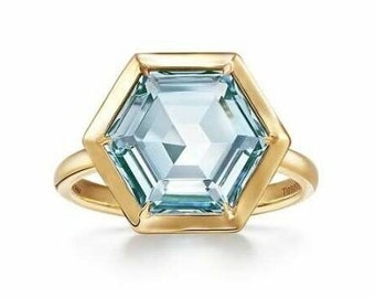 Big Aquamarine Ring Hexagon Ring 18k Gold Plated Ring · March Birthstone  unique Aquamarine 925 sterling Ring Gift For her Aquamarine Ring.