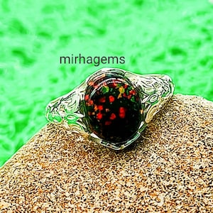 Natural Black Opal Men&#39;s Ring, Unique Fire Black Opal Men Ring, October Birthstone Ring, Oval Opal Ring, Men Engagement Ring, Ring For Him.