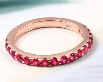 Vintage Ruby Wedding Bands, Women's Dainty Matching Band, Half Eternity Stackable Band, Bridesmaid Gift Jewelry, Yellow Gold Handmade Bands