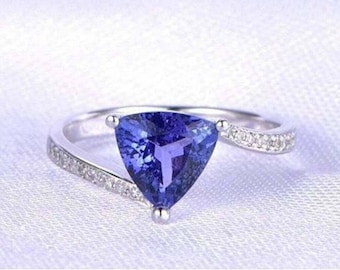 Anillo de tanzanita, anillo de tanzanita auténtica talla trillón y diamantes, anillo de compromiso de tanzanita, anillo llamativo, anillo de novia de plata esterlina, regalo.