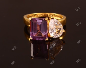Toi et Moi Emerald Cut Amethyst Diamond Pear Cut Ring Engagement Ring Double Stone Wedding Ring Birthday Gift Wife 925 Silver toi moi ring.
