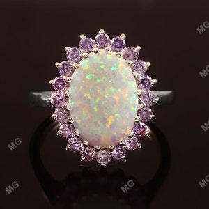 Einzigartige Opal Lavendel Amethyst Blume Ring, Oval geschnitten Amethyst Versprechen Ring, Floral Cluster Opal Halo Ring, Geburtsstein, Jubiläumsgeschenk für Frauen
