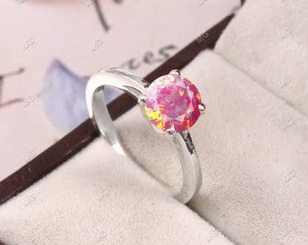Solitaire Opal Ring Pink Opal Engagement Ring 925 Silver Round Opal Ring for Women Unique Jewelry Prong Set October Birthstone Gift For Her.