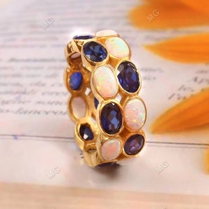 Oval Cut White Opal & Blue Sapphire Band 925 Sterling Silver Double Ring Full Eternity Band Promise Ring, Birthday Surprise Gift For Wife.