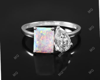 Opal Diamond Ring Unique Two Birthstone Ring, mother daughter ring, unique family birthstone ring, toi et moi ring, Wedding Ring Gifts Her.
