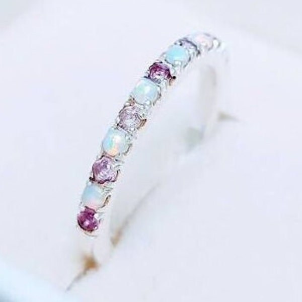 Alexandrite Opal Eternity Band Ring, 925 Silver Ring, Opal & Alexandrite Ring, Opal Wedding Band, Alexandrite Opal Ring, Opal Eternity Band.