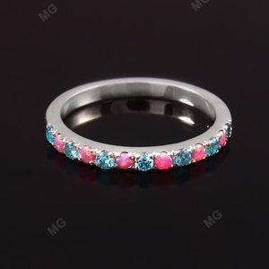 2mm Pink Opal Blue Topaz Wedding Band 925Silver Ring Half Eternity Gemstone Stacking Ring Birthstone Stackable Ring Bridal Ring for Her Gift
