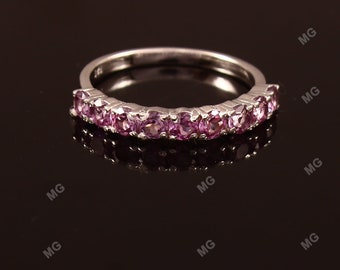 Round Alexandrite Band 925Sterling Silver Engagement Ring Purple Gemstone Half Eternity Matching Stackable Band Gift For Her Half Band Ring