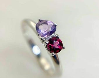 Toi et Moi Ring,Amethyst and Ruby Ring Sterling Silver 2 Stones Mothers Ring Pear Cut Bypass February and July Birthstone Engagement Ring.