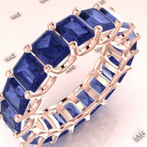 Emerald Cut Sapphire Eternity Ring Lab Blue Sapphire Wedding Band Women 925 Silver Straight Stacking Matching Ring Anniversary women gifts.