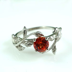 Anillo de zafiro naranja, anillo de zafiro para bodas, regalo para ella, anillo floral de zafiro, anillo de zafiro naranja, anillo con diseño de hoja de piedra preciosa de septiembre