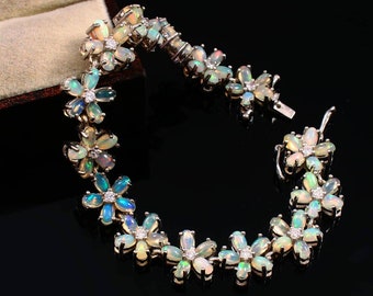 オパールキャットブレスレット：ジルコンフラワー付きスターリング