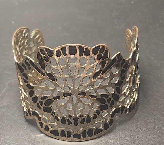 Vintage Silver Tone Cuff Filigree Lace Bracelet W… - image 1