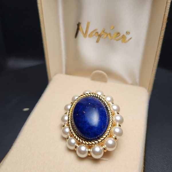 Vintage NAPIER RGold and Faux Pearl Lapid Lazuli Brooch