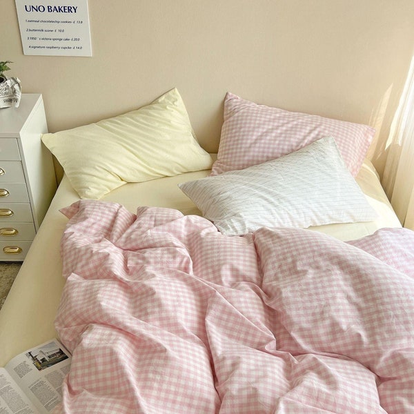 Aesthetic Yellow Pink Plaid Bedding Set, 100% Cotton Bedsheet Set, Danish Pastel Room Bedsheet, Twin Full Queen Duvet Cover, Girl Bedding