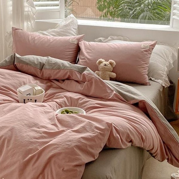 Aesthetic Cozy Bedding Set, 100% Cotton Bedsheet Set, Grey Pink Bedding, Twin Full Queen King Duvet Cover Set, Minimalist Bedding