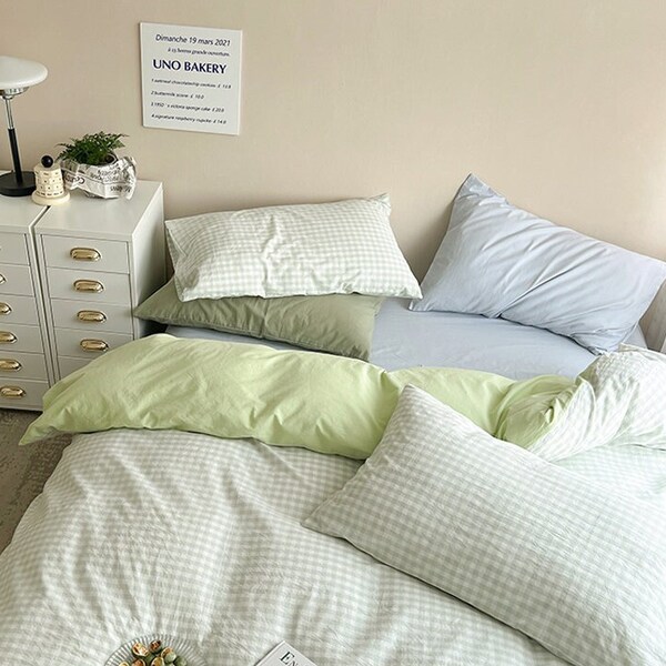 Aesthetic Bedding Set, 100% Cotton Bedsheet Set, Mint Blue Plaid Duvet Cover Set, Twin Full Queen King Bedding, Cottagecore Bedding
