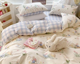 Cottagecore Peter Rabbit Bedding Set, 100% Cotton Bedding Set, Animal Print Kids Room Bedding, Farmhouse Twin Full Queen Bed Easter Decor
