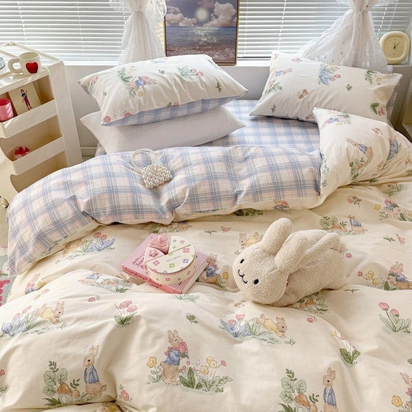 Cottagecore Peter Rabbit Bedding Set, 100% Cotton Bedding Set, Animal Print Kids Room Bedding, Farmhouse Twin Full Queen Bed Easter Decor