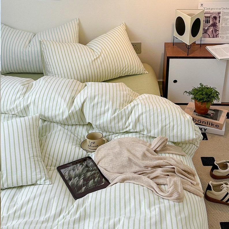 Cottagecore Sage Green Stripes Aesthetic Bed Sheets 100 Cotton Bedding