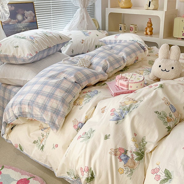 Easter Decor Peter Rabbit Bedding Set, 100% Cotton Bedding Set Cottagecore Cute Animals Kids Room Bedding, Farmhouse Toddler Comforter Set